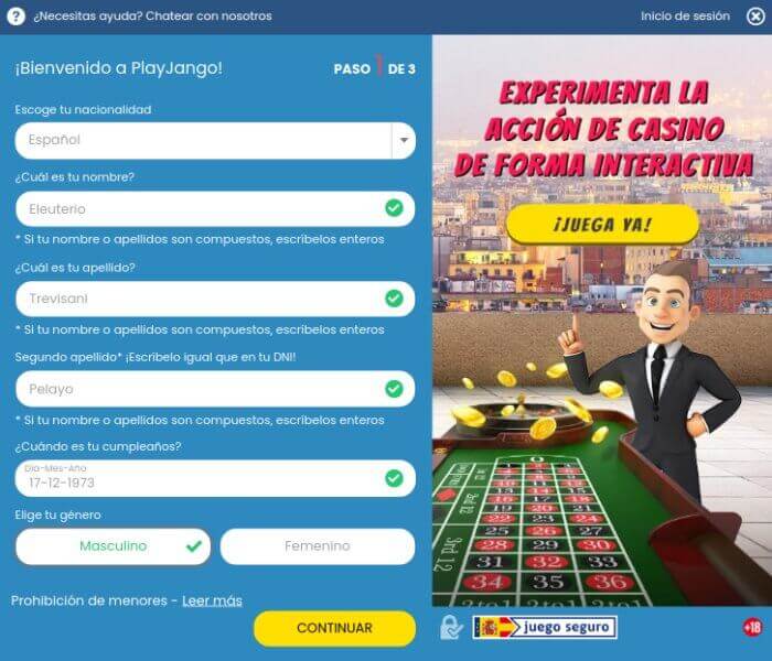 Registrar una cuenta en PlayJango Casino - Paso 2