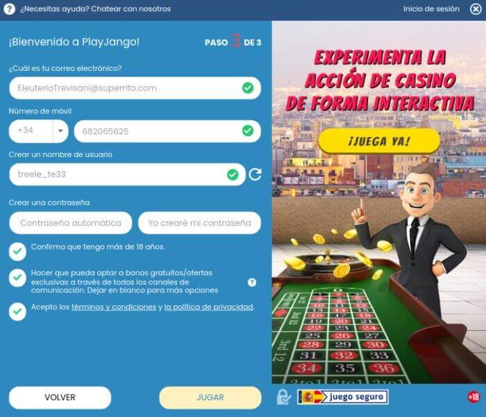 Registrar una cuenta en PlayJango Casino - Paso 4