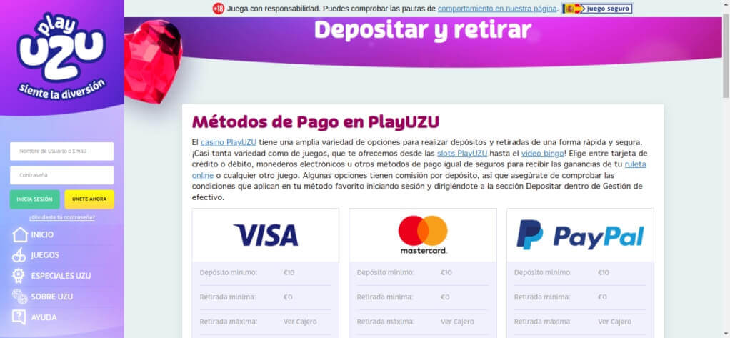 Métodos de Pago en PlayUZU Casino España