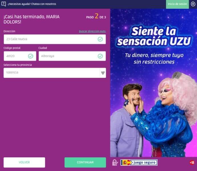 Registrar una cuenta en PlayUZU Casino España - Paso 3