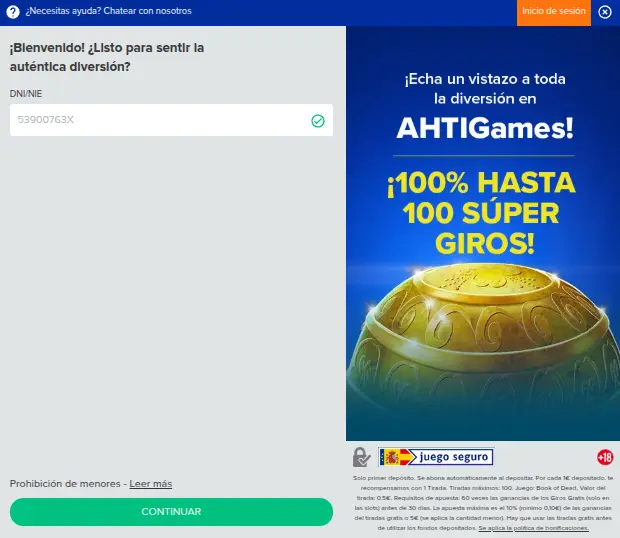 Registrar una cuenta en AHTI Games Casino España - Paso 1