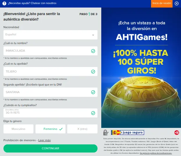 Registrar una cuenta en AHTI Games Casino España - Paso 2