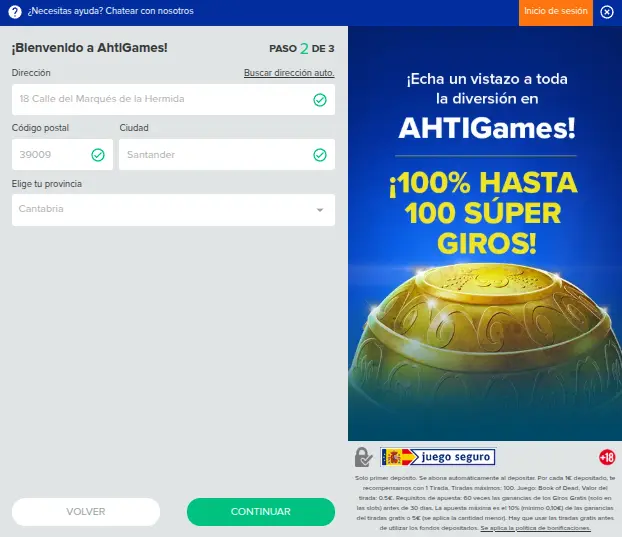 Registrar una cuenta en AHTI Games Casino España - Paso 3
