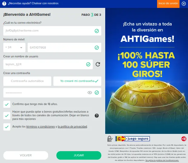 Registrar una cuenta en AHTI Games Casino España - Paso 4