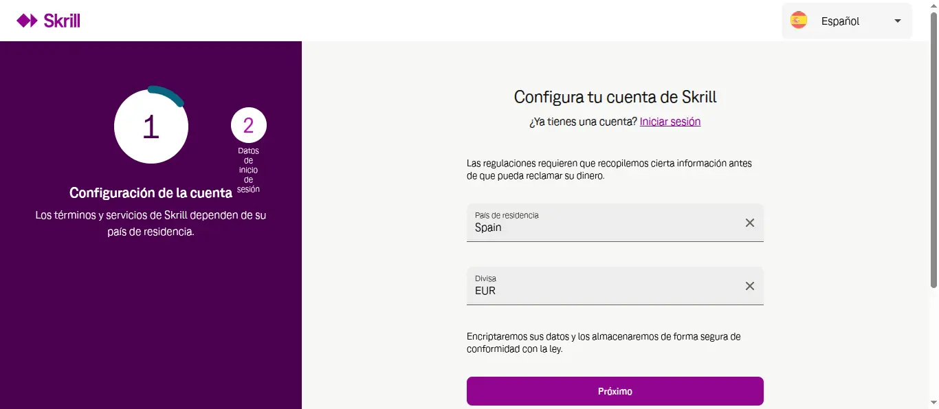 Skrill España Registo