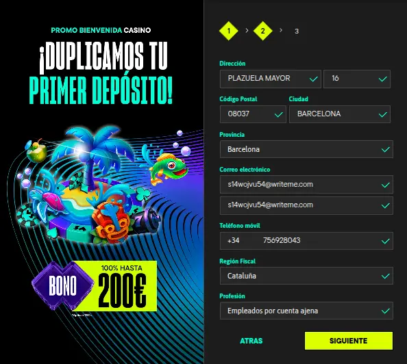 Registrar una cuenta en Versus Casino España - Paso 2