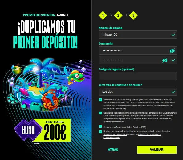 Registrar una cuenta en Versus Casino España - Paso 3