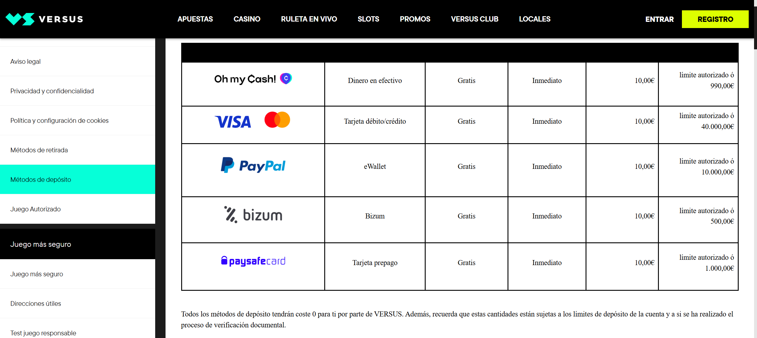 Versus Casino Métodos de Depósito