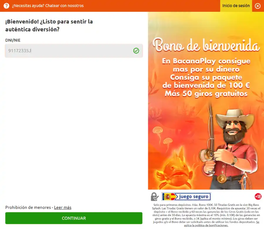 Registrar una cuenta en BacanaPlay Casino España - Paso 1