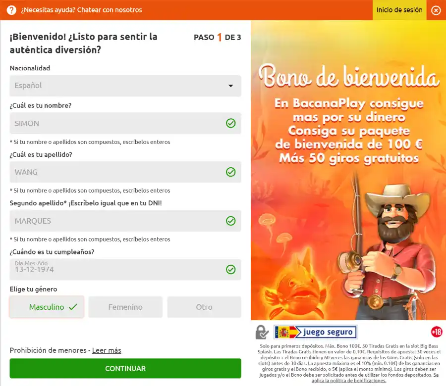 Registrar una cuenta en BacanaPlay Casino España - Paso 2