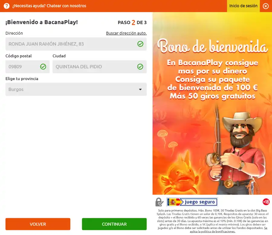 Registrar una cuenta en BacanaPlay Casino España - Paso 3