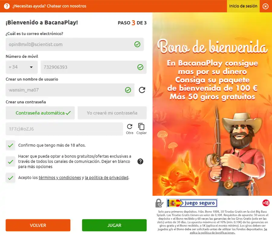 Registrar una cuenta en BacanaPlay Casino España - Paso 4
