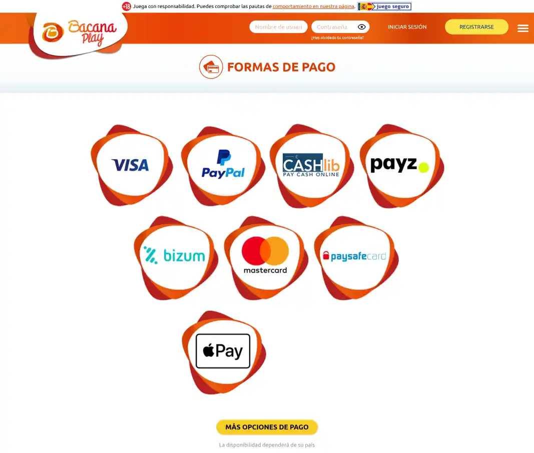 BacanaPlay Casino Formas de Pago